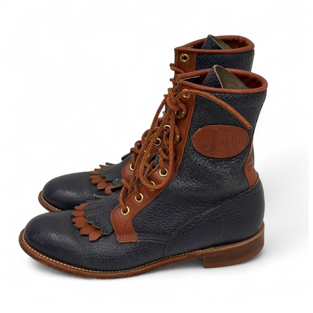 Vintage Justin‎ Lacer Roper Kiltie Blue Brown Cowgirl Western Boots Women's 6 B